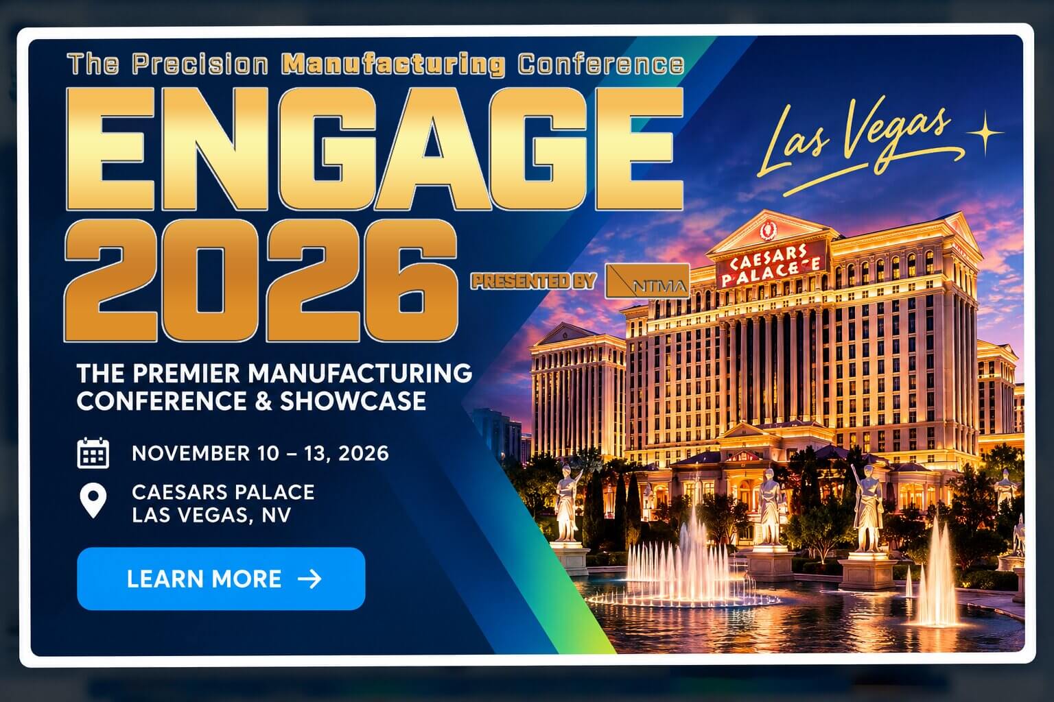 Conference ad for ENGAGE 2026 at Caesars Palace, Las Vegas, November 10–13, with a photo of the hotel and event details on a colorful background.